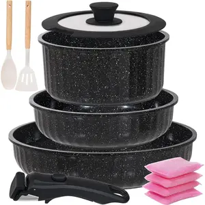11 Piece Pots and Pans Set Nonstick with Removable Handle, Induction Cookware, Stackable Kitchen Set for RV Camping Apartment, Frying Pan and Saucepan (Black)