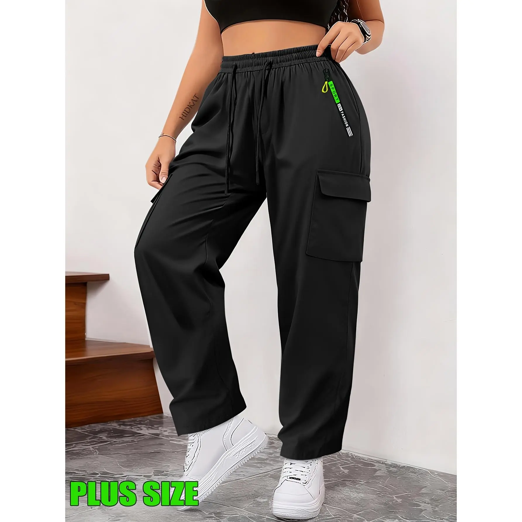 Women's Curvy Women Plus Size Cargo Joggers - Loose Fit Heavyweight Active Pants with Cargo Pockets, Elasticated Waist, Adjustable Drawstring, Machine Wash for Outdoor Sports, Female, Ankle Length, Drawstring Waist