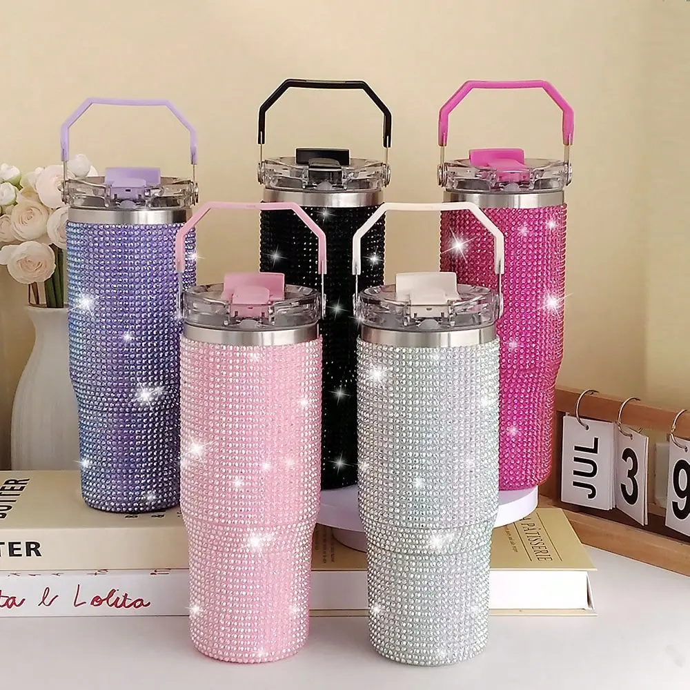30oz (900ml) 2-In-1 Lid Stainless Steel Vacuum Insulated Flask - Diamond Finish, Leak-Proof Thermal Cup, Multicolor Plain Print Coffee Mug, 6-12h Insulation, US Local Shipping for Women, 500-1,000 Ml, Drinkware Gear, Everyday Use, Anti-Scalding