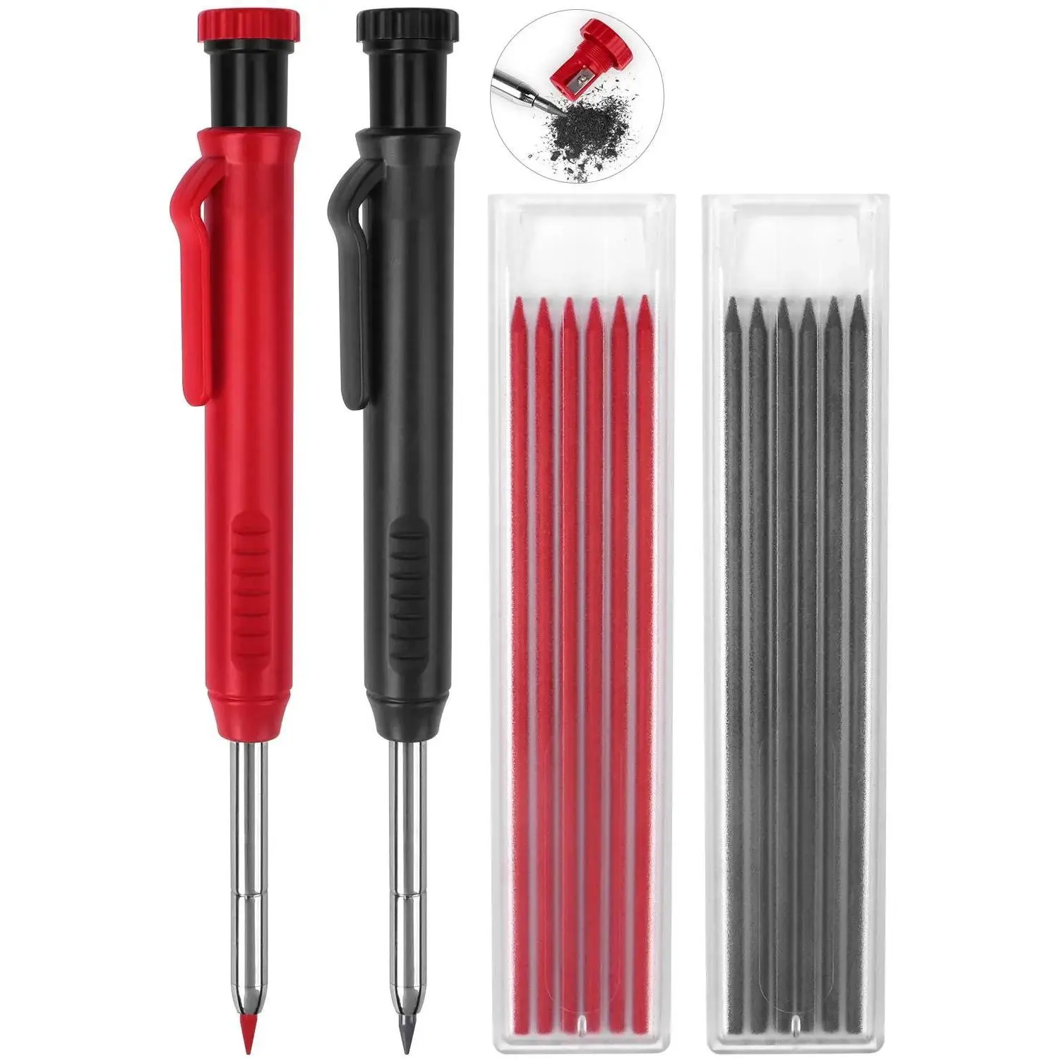 Pack Carpenter Pencils Mechanical Pencils with 12 Refills with Sharpener, Long Nib Deep Hole Pencil Marker, Woodworking Pencils