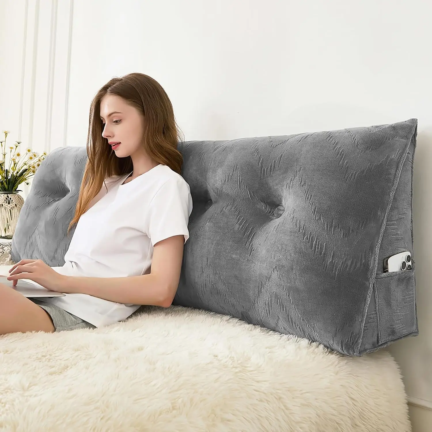 Headboard Pillow Queen, Triangular Wedge Pillow Headboard| Soft While Reading and Resting, Daybed Pillows with Removable Cover for Bed Dorm Sofa,Grey, Queen (59"x8"x20")