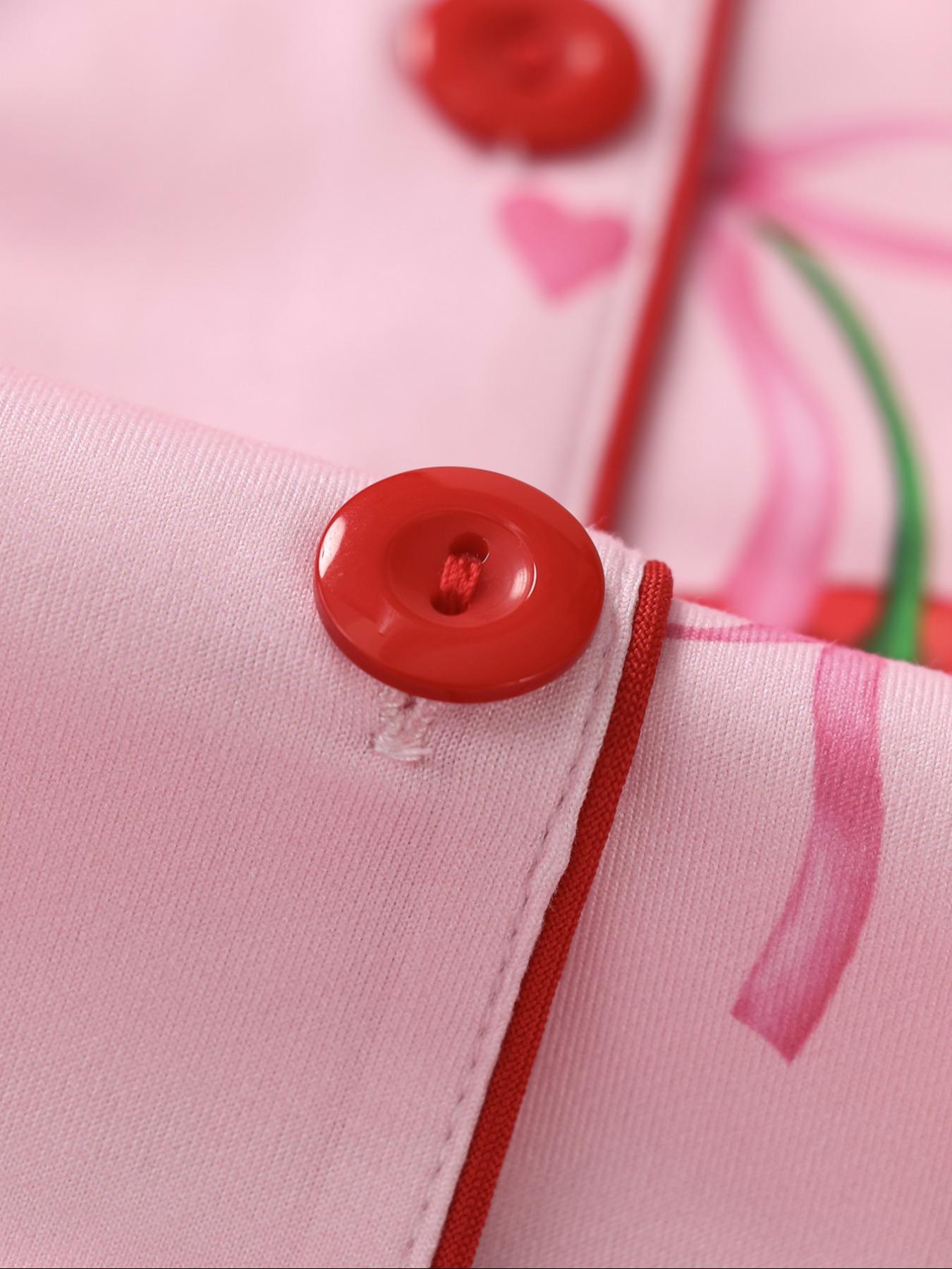 Women's Strawberry & Heart Print Lapel Neck Shirt & Shorts Pyjama Two-piece Set, Ladies Sleepwear for All Seasons, Pajama Set, Loungewear