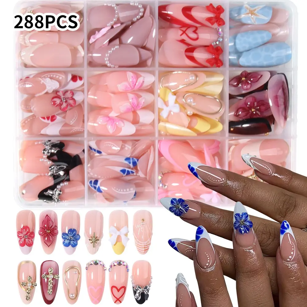 288pcs Medium-Length Almond Nails, DIY Fake Nails, Gradient French Tips, 3D Flowers, Party Nail Art Set, Nail Art Supplies