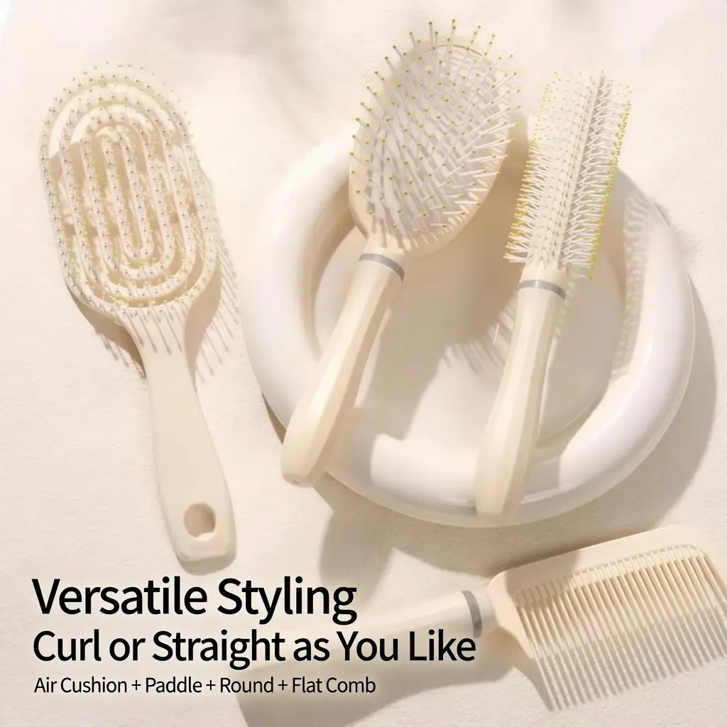 4-Pcs Hair Brush Set Air Cushion Massage Scalp Comb Hollow Paddle Brush Round Curling Brush And Fine Tooth Flat Comb Anti-Static Detangling Hair Styling Tools For All Hair Types