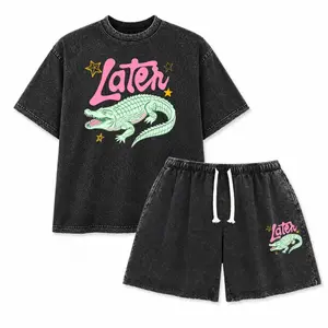 Holafish Unisex Heavyweight Pure Cotton Crew Neck T-Shirt, Vintage Acid Wash with "Later" Crocodile Star Pattern, Street Style Summer Casual Top - TikTok Store