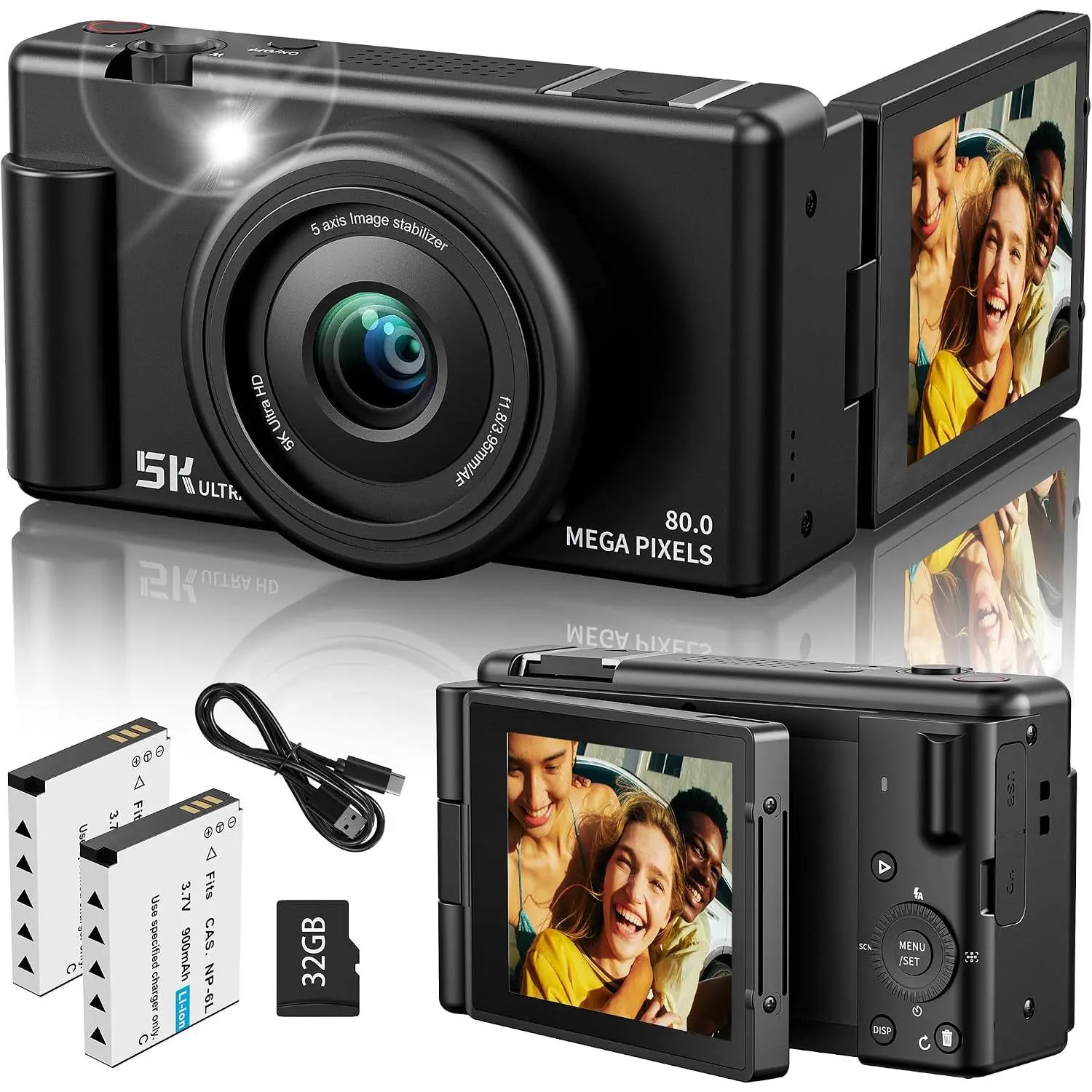 True 5K Digital Camera for Photography, Autofocus 80MP with 18X Digital Zoom, 3" 270° Flip Screen Selfie Camera for YouTube Vlogging & Content Creation, 2 , 32GB Card & Flash,Black