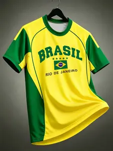 Men's Brazil Theme Football Short Sleeve T-Shirt, Soccer Shirt, Comfortable Breathable Sporty Casual Top, Ideal for Daily Wear and Sports
