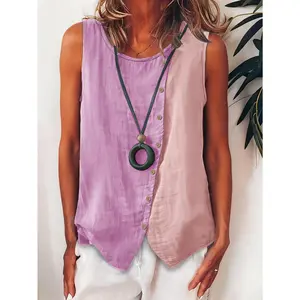 Women's Fashion Color-block Sleeveless Vest, Asymmetrical Side Button- Round Neck Comfortable Casual Top
