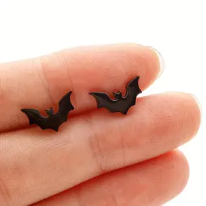 1 Pair Stainless Steel Bat Earrings - Punk Style Animal-Inspired Gothic Jewelry, Edgy Minimalist Bat-Shaped Studs for Women, Durable Everyday & Wedding Party Accessories, Unique Gift for Her, Halloween Earrings, Sleek Design,