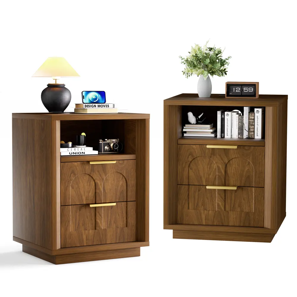 Littleox Large two-piece bedside table set, 2-drawer side table, spacious storage side table with Type-C charging station and metal handles, suitable for bedrooms, living rooms, and offices, Walnut