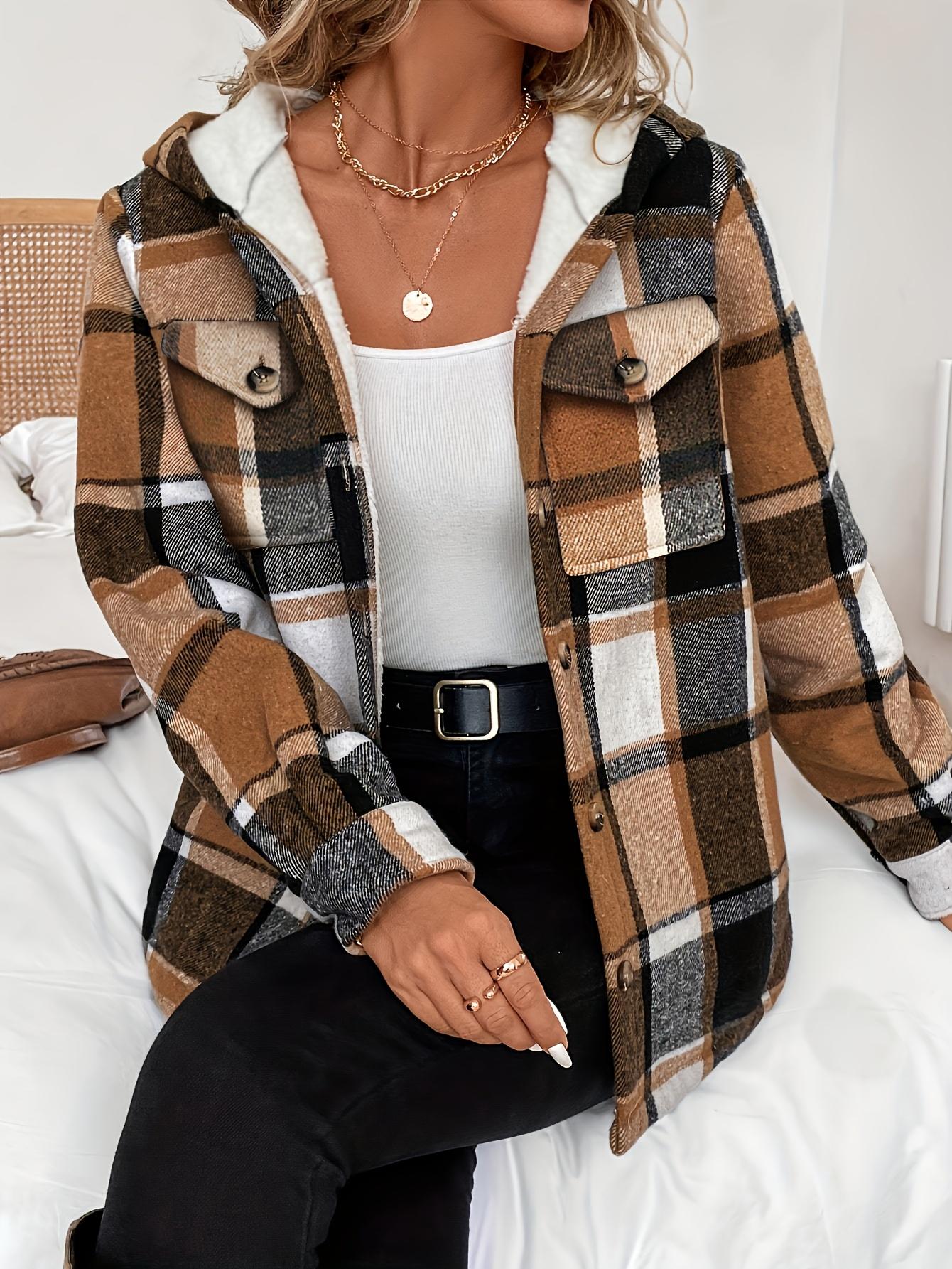 Women's Casual Plaid Hooded Jacket with Fleece Lining 100% Polyester Woven Shirt Button Detail All-Season Warmth Lightweight Outerwear Coats Fitted Khaki Long Sleeve Tops