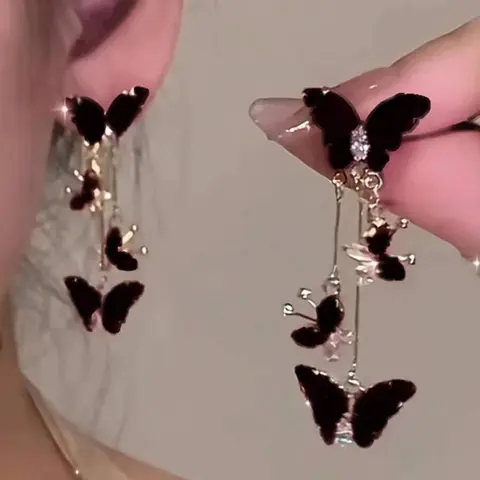 1 Pair Of Chic Black Butterfly Long Tassel High Quality Earrings, Trendy Jewelry, Versatile For Everyday Wear, Trendy Fashionable Accessories