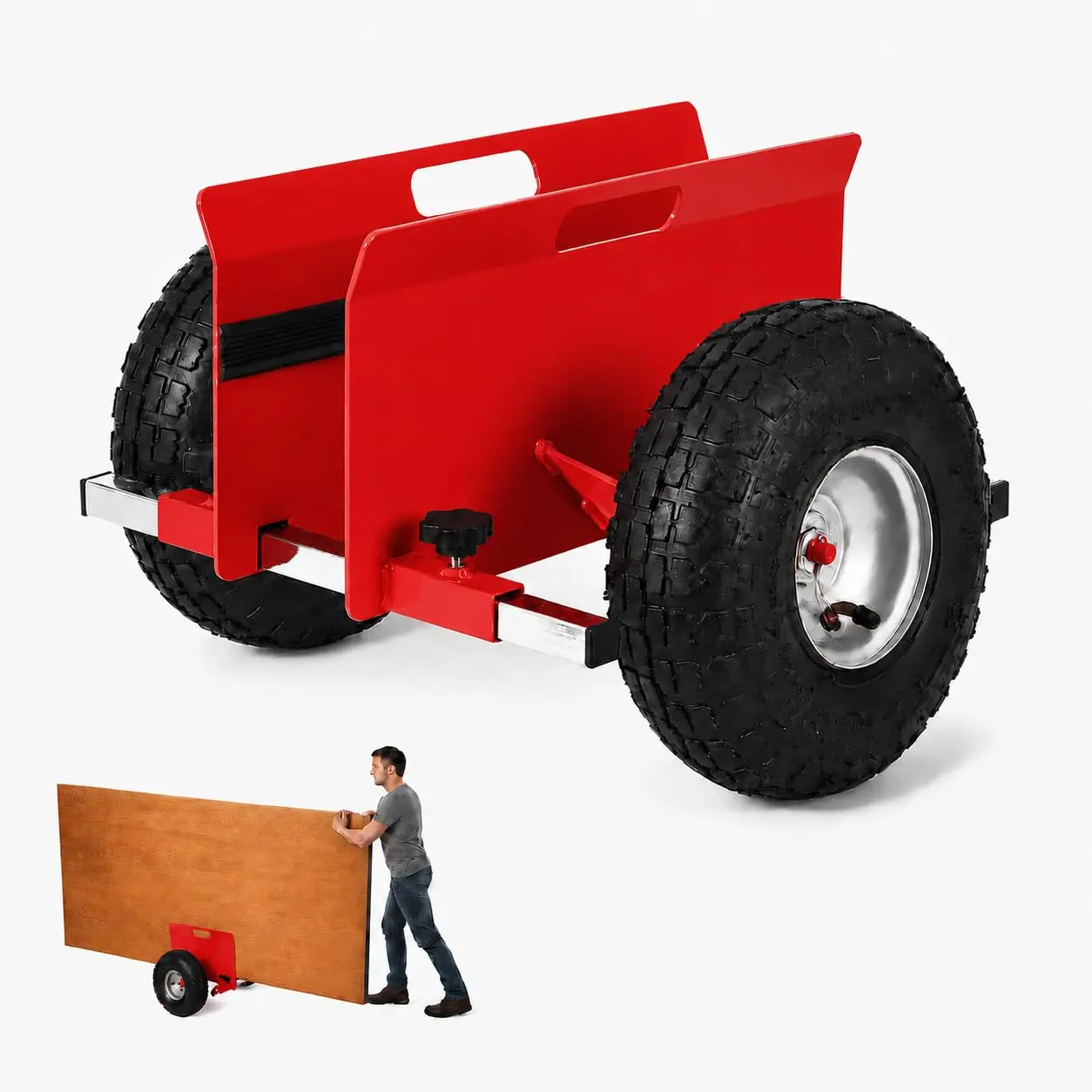 Panel Dolly Cart, 700 lb Capacity - Adjustable Clamp (0-9.5 in) - 10 in Pneumatic All-Terrain Tires - Drywall/Plywood/Door Sheet Goods Mover - Red Straight Screw (USA)