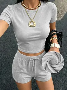 Women's 2-Piece Loungewear Set, Heather Grey Slim Fitting T-Shirt & Drawstring Shorts, Casual Summer Outfit