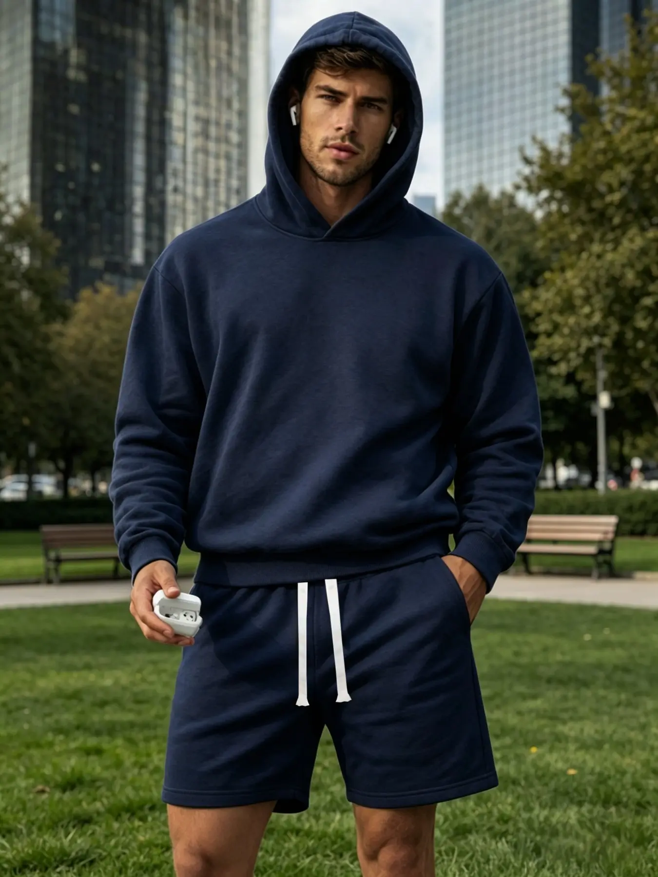 Men's Sportswear Set, Active Set, Hooded Sweatshirt and Drawstring Shorts, Summer Casual, Loose Fit, Comfortable and Stylish