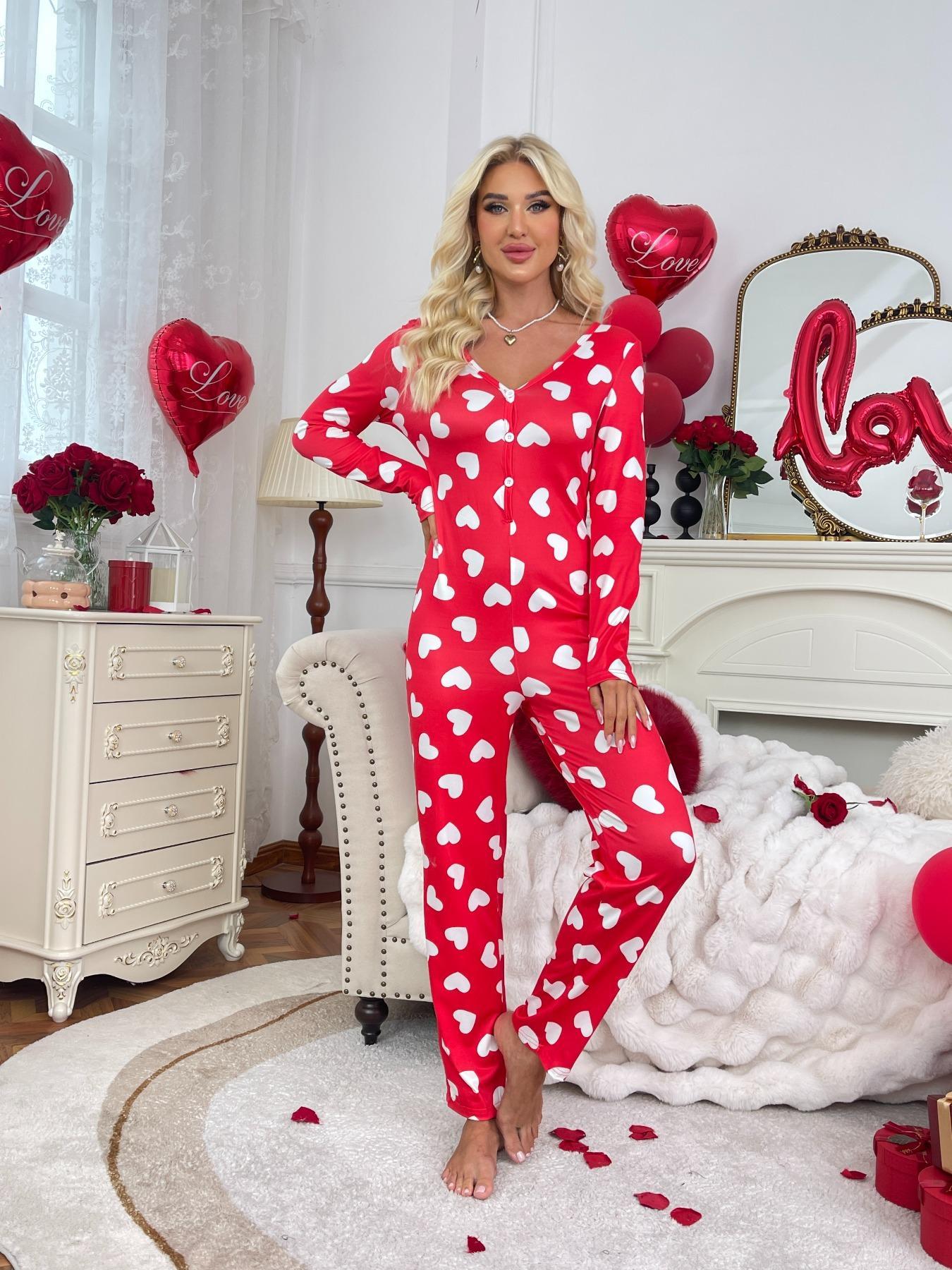 Women's Christmas Themed Print Button Front Lounge Jumpsuit, Casual Comfy Long Sleeve V Neck Jumpsuit, Ladies Sleepwear for Fall & Winter Pajama Onesies