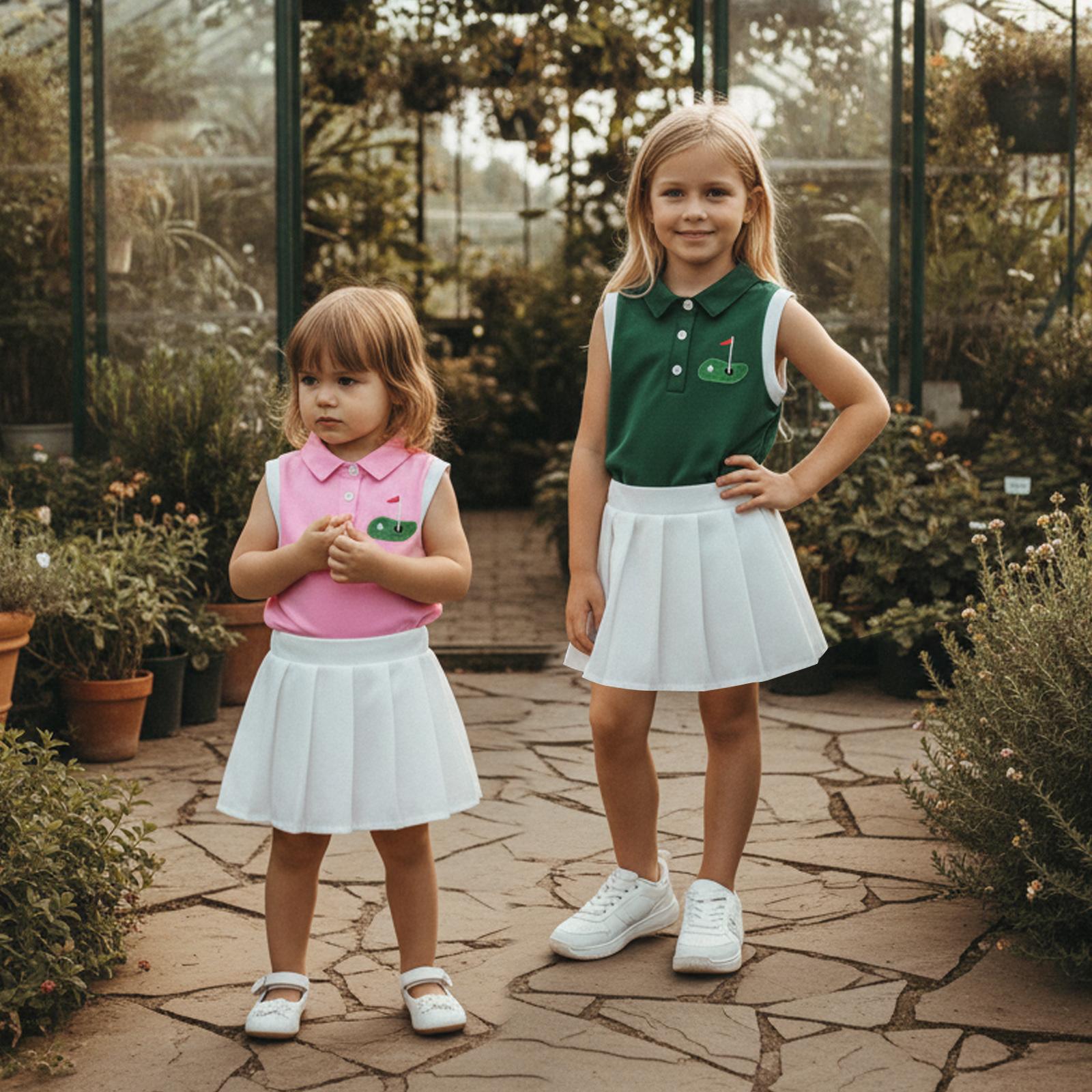 Toddler Baby girl Golf Outfit Sleeveless Collared Golfing Theme Embroidery Tank Top Pleated Skirts Set Summer Clothes