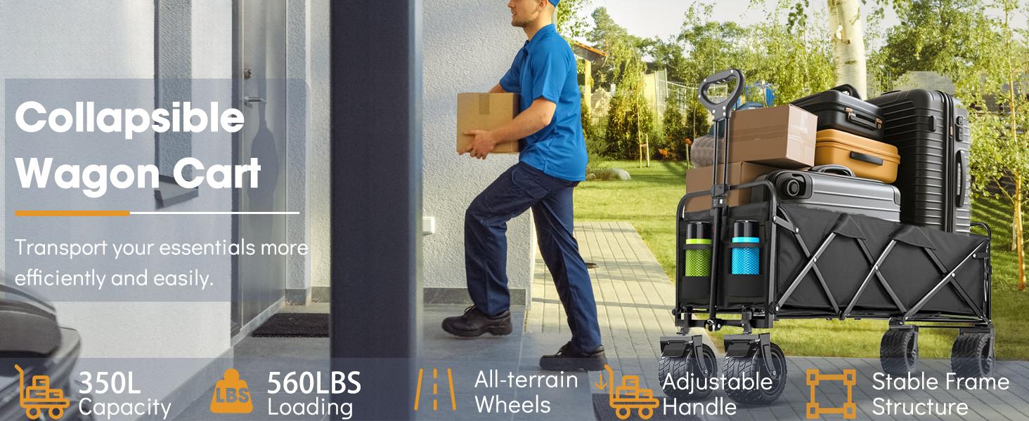 350L Large Capacity Foldable Wagon with Brakes, 560lbs Heavy Duty Collapsible Wagon Cart with Push Handle All-Terrain Big Wheels for Camping, Sports, Shopping, Beach