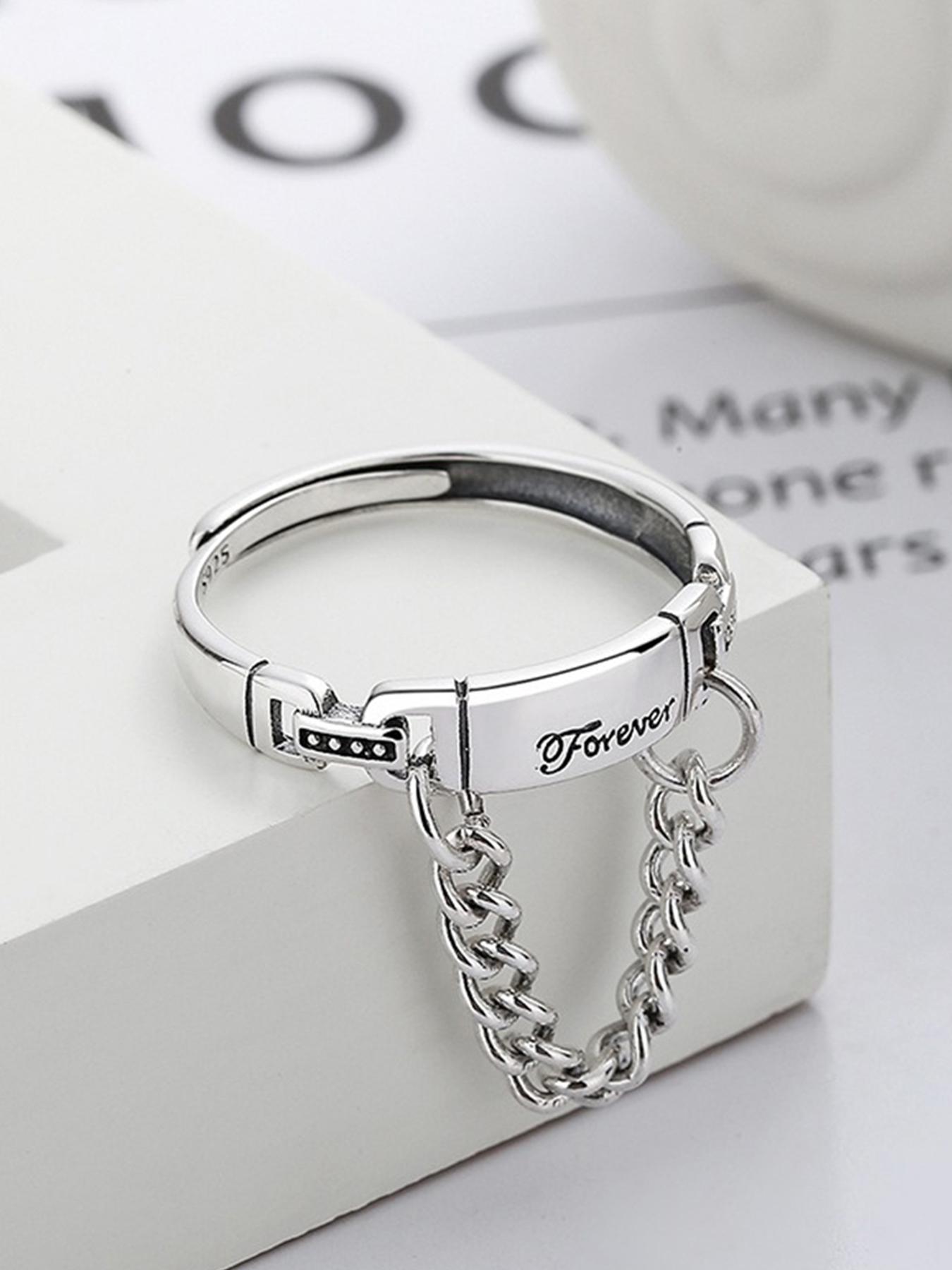 925 Sterling Silver Vintage Letter Design Engraved Ring, Adjustable Chain Design Ring for Women & Girls, Fashion Jewelry for Party, Daily Decor, Trendy All-match & Exquisite Jewelry for Birthday Gift, Valentine's Day, Gift