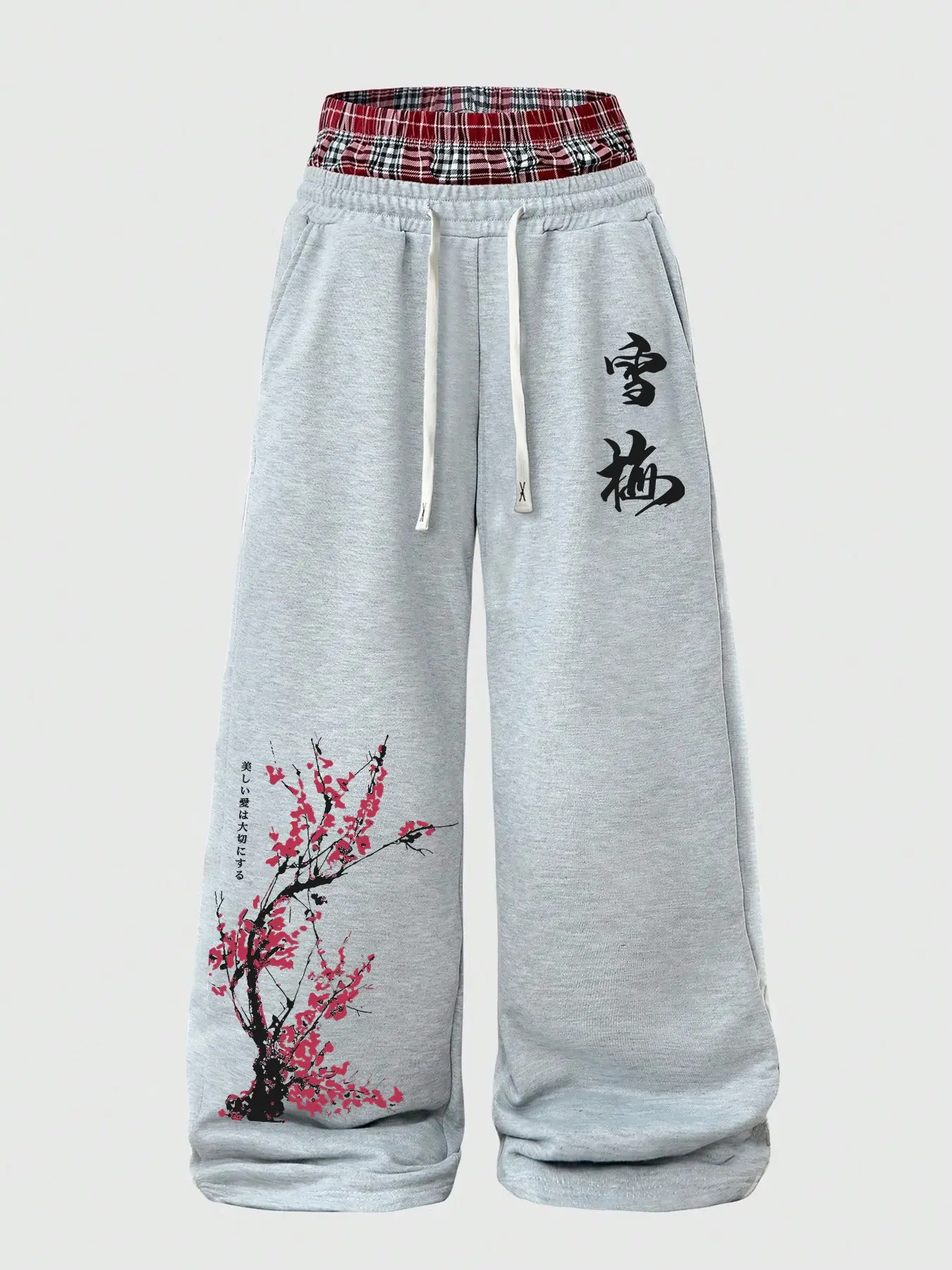 Snow Plum Blossom Floral Print Wide Leg Pants, Anti-Wrinkle Wear-Resistant Fabric, Dual-Layer Waistband, Casual Street Style, Perfect for Daily Outing