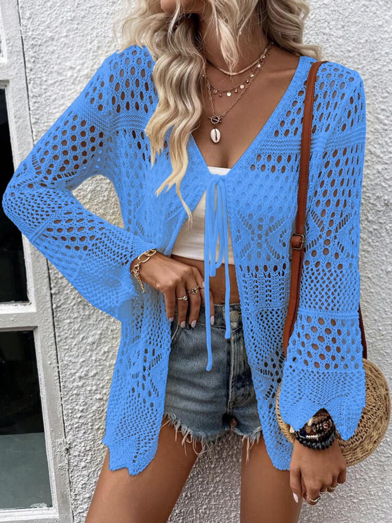 Women's Solid Color Hollow Out Tie Front Crochet Cardigan, Casual Long Sleeve Knitwear for Summer, Fashion Women's Knit Clothing for Daily Wear, Knitting