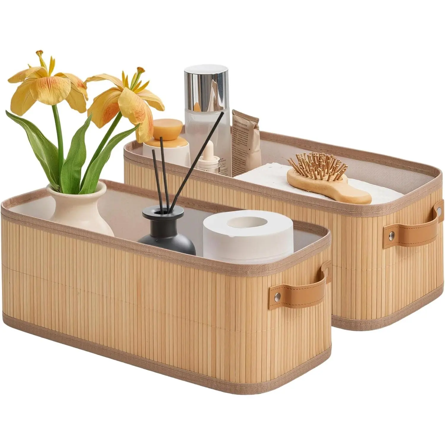 2-Pack Bamboo Narrow Storage Bins with Smooth Handles & Square Corners, Small Square Storage Baskets for Closet, Shelves, Bathroom Toilet Paper Organization, Kitchen Countertop Home Decor