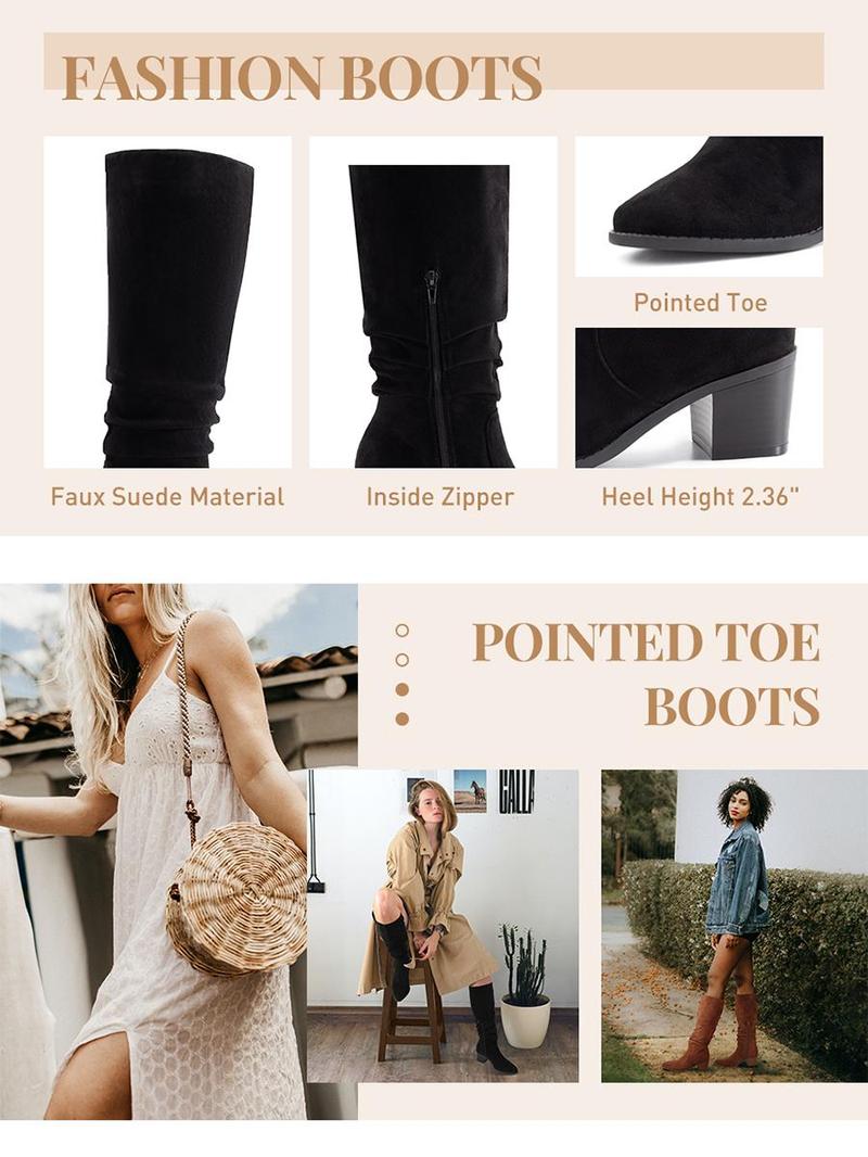 Athlefit Womens Knee High Chunky Heel Boots Faux Suede Pointed Toe Side Zipper Boots Girl Footwear Walking Shoes Bathroom Onyx