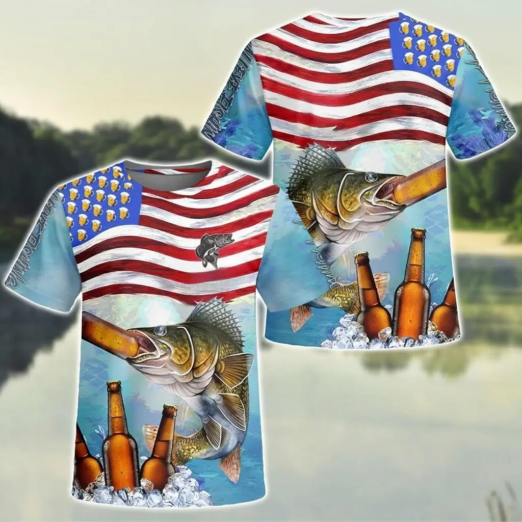 Walleye Fishing American Flag Beer 3D Print Short Sleeve T-Shirt, Unisex Casual Outdoor Apparel, Wonderful Gift For Fishing Men