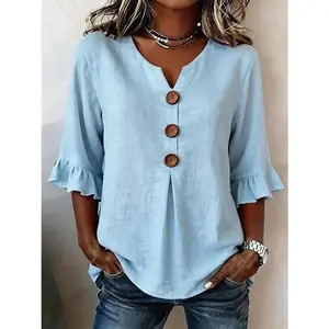 Women's Casual Top Summer Fine Knit Buttoned Blouse Fluid Ruffle Cascade V-Neckline Soft Breathable Garment for Daily Elegant Life Non-elastic 95% Polyester, 5% Spandex
