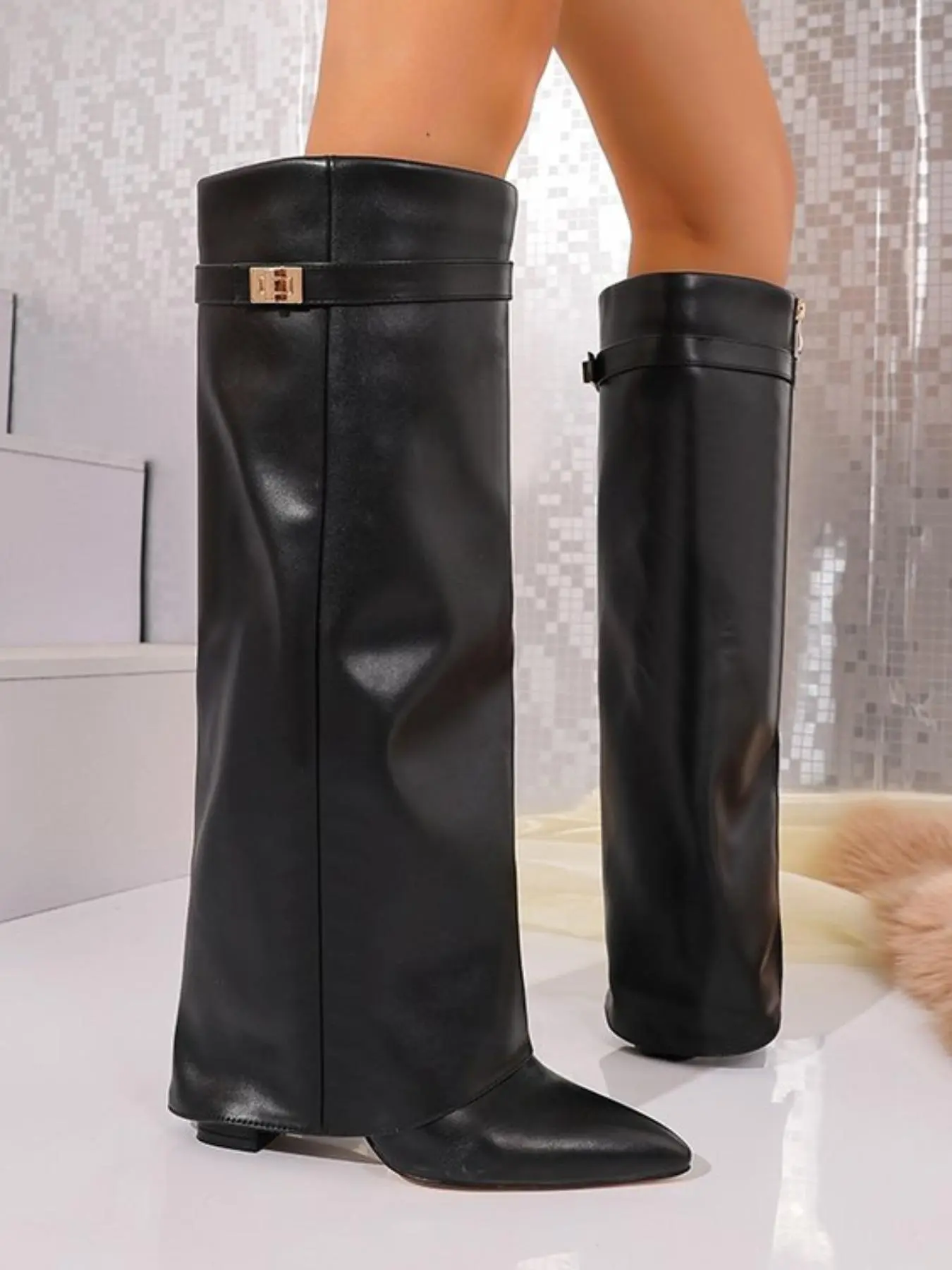 Women's Pointed Toe Knee-High Boots, Split Bell Bottom, Metal Buckle Decor, Thick Heel, Streetwear, Fashionable, All Seasons