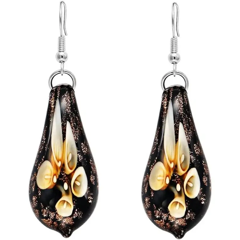 Women's Water Drop Spiral Dangle Earrings - Lampwork Bead Geometric Design, Cadmium-Safe Lead-Free Glass, Inner Painted Art Female Wear, Wedding Gift Accessory