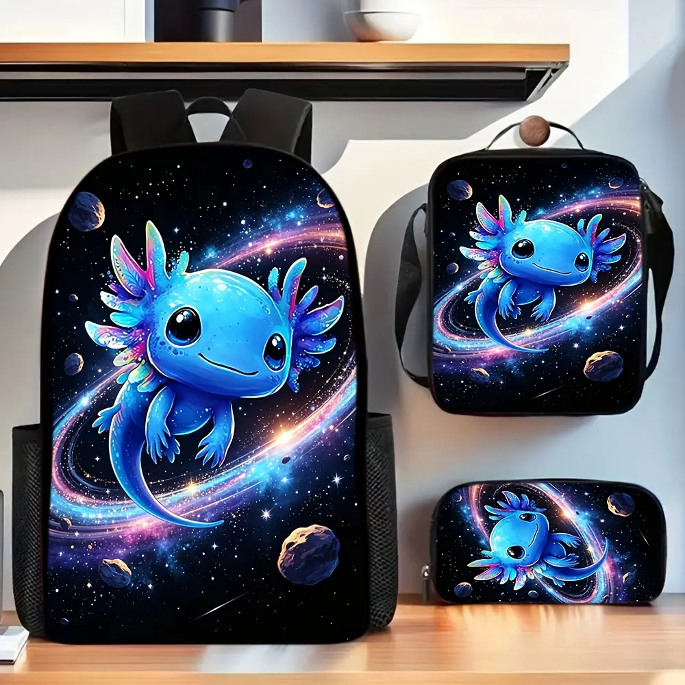 3pcs Blue Axolotl Backpack with Lunch Bag & Pencil Case Suitable for,,,, - Lightweight Zipper Closure, Adjustable Straps, Cute Axolotl & Galaxy Print, Lunch Box Carrier