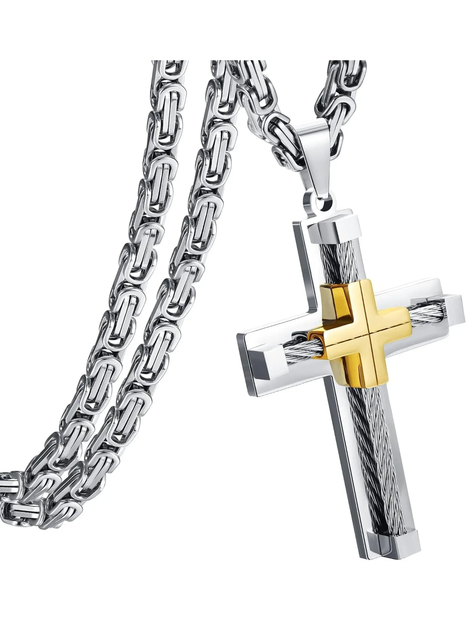 316L Stainless Steel Cross Pendant Necklace for Men Boys, Heavy Duty Byzantine Chain Silver & Black Cross Chain Jewelry, Minimalist Daily Wear Religious Accessory