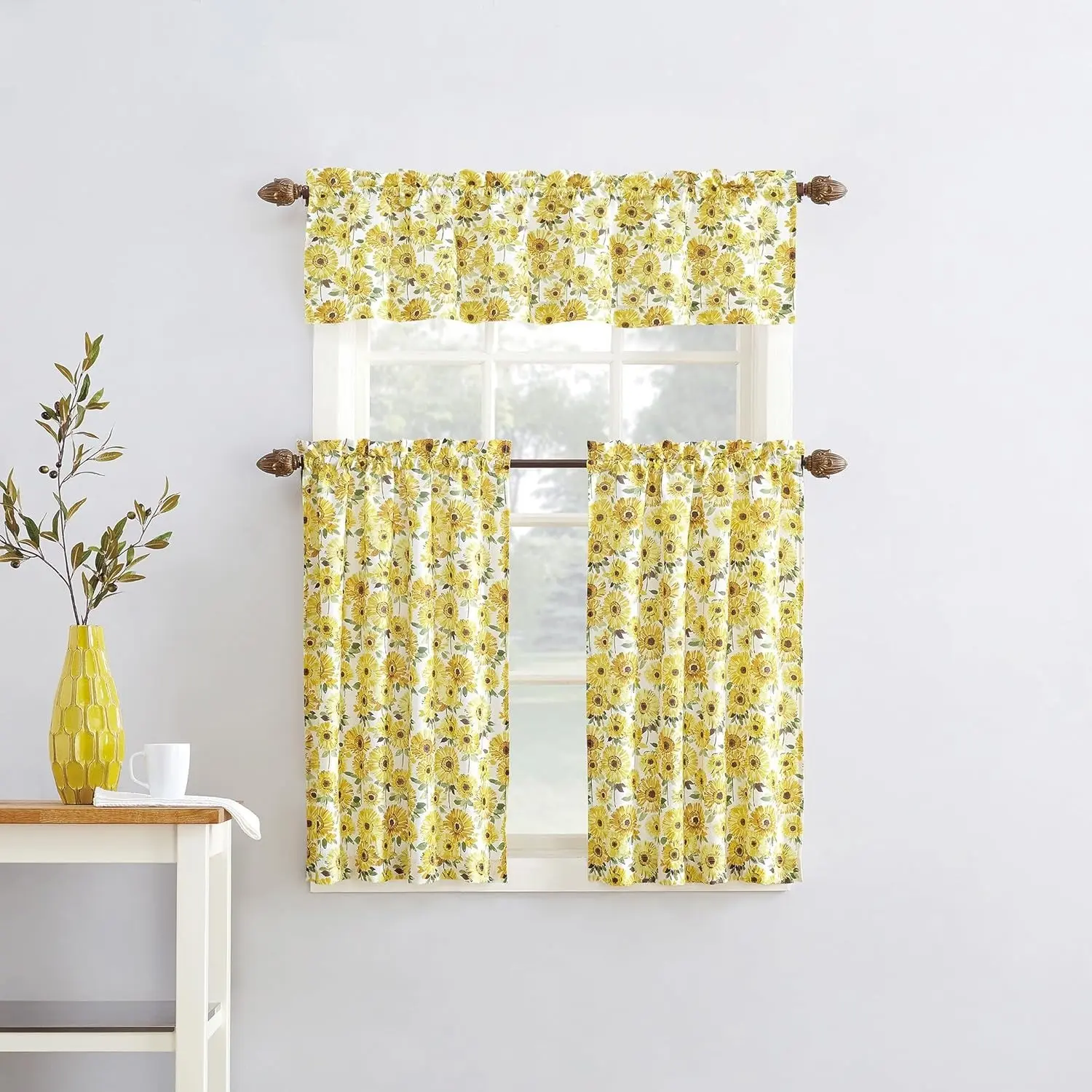 3-piece sunflower-pattern kitchen curtains set, durable and wrinkle-resistant, machine washable, easy to install, suitable for sink and cabinet top windows, retro country kitchen
