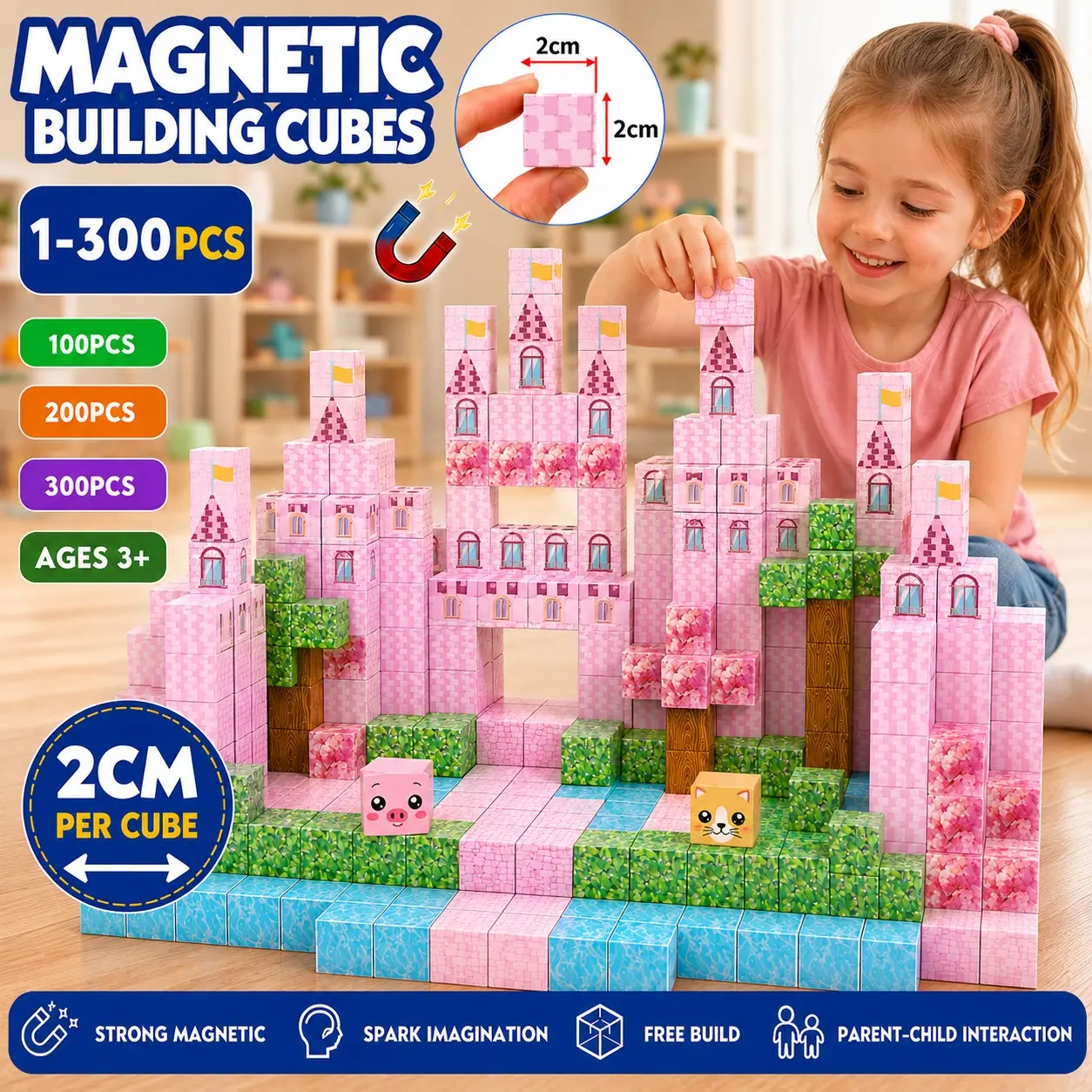 100 Magnetic Building Blocks Toy, Castle DIY Cube Stem Sensory Playset, Perfect Gift for Kids Ages 3-10, Unisex Christmas Birthday Present