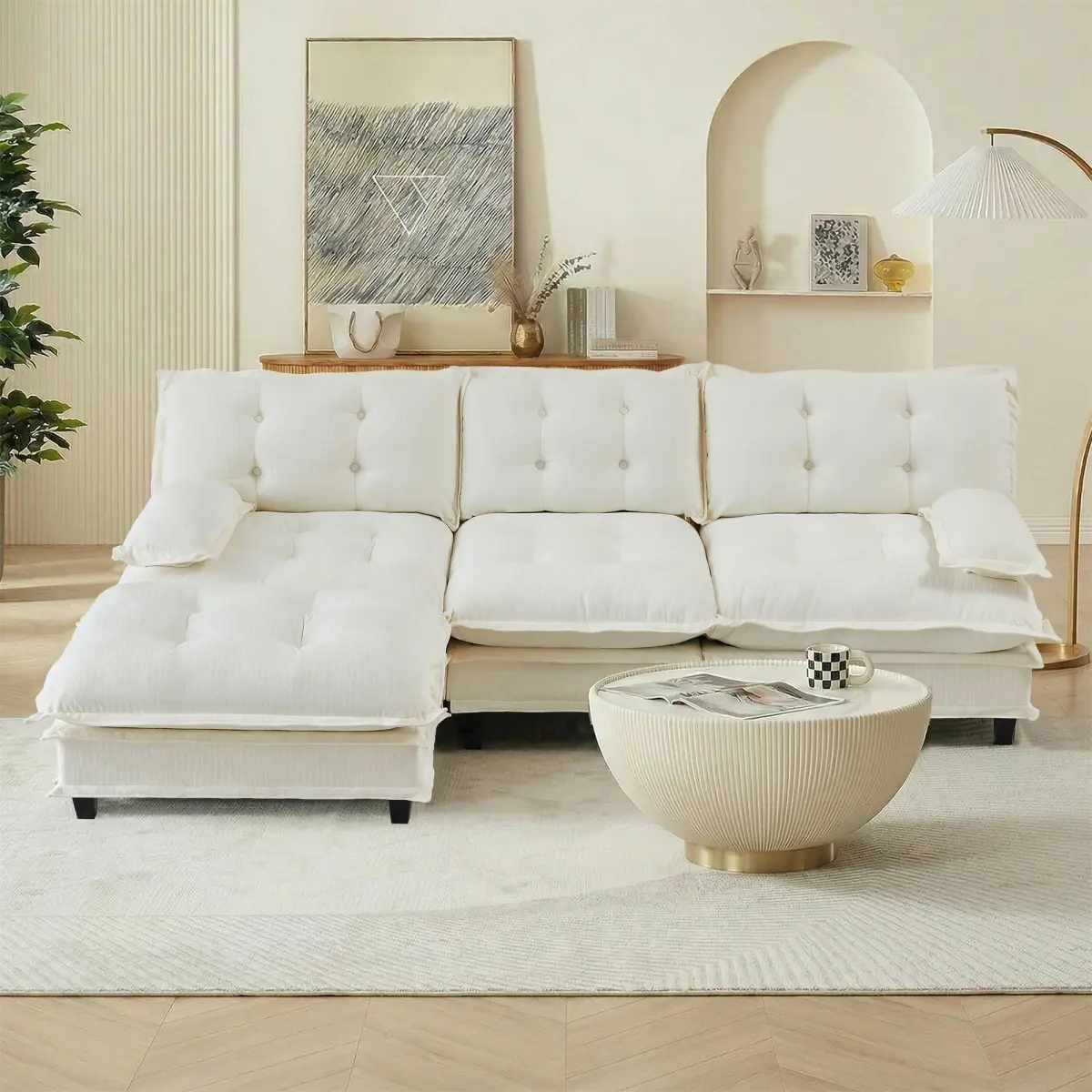 Aobtkel 107in 3-Seater Modular Cloud Couch, Chenille Sectional Deep-Seat Living Room Furniture with Comfy Lattice Cushions, Breathable Fabric, Beige