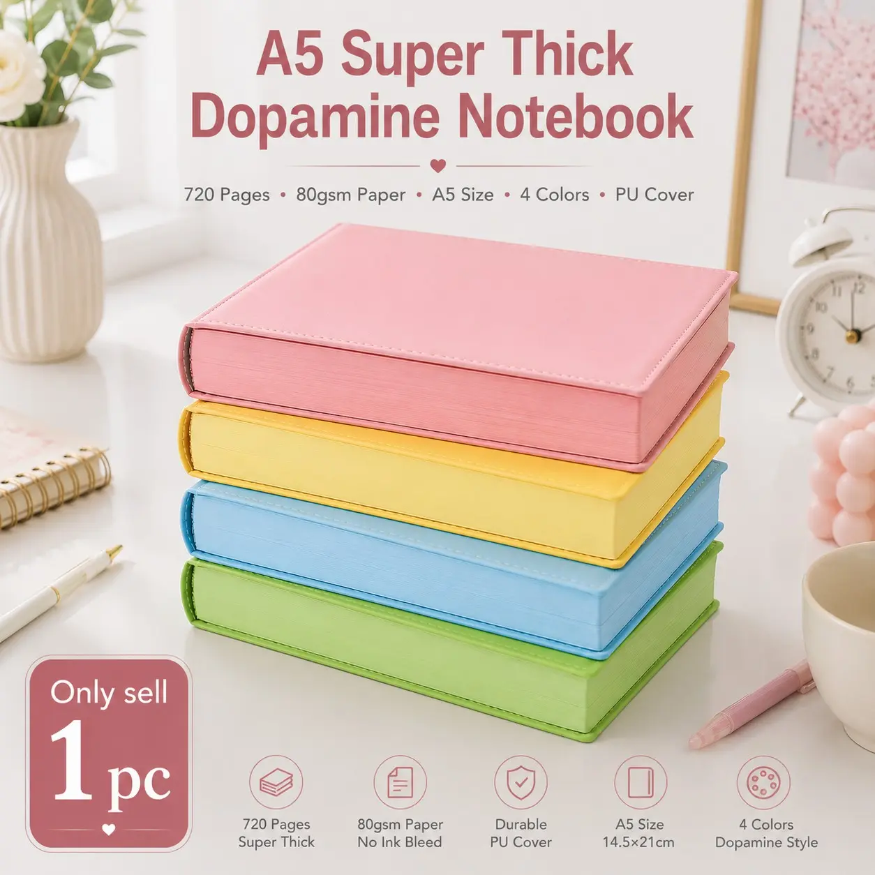 1Pc A5 Super Thick Dopamine Notebook, 720-Page Blank Journal, PU Leather Cover with Ribbon Bookmark, Thick Colored Paper for Journaling, Writing, Study Notes, Office, School and Daily Use