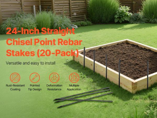 VEVOR Rebar Stakes, 24-Inch, Heavy-Duty 0.47 in Diameter, Straight Galvanized Steel Ground Anchors with Chisel Point End & Rust-Resistant Coating, for Gardening Support, Fence, Camping Tents (20-Pack)