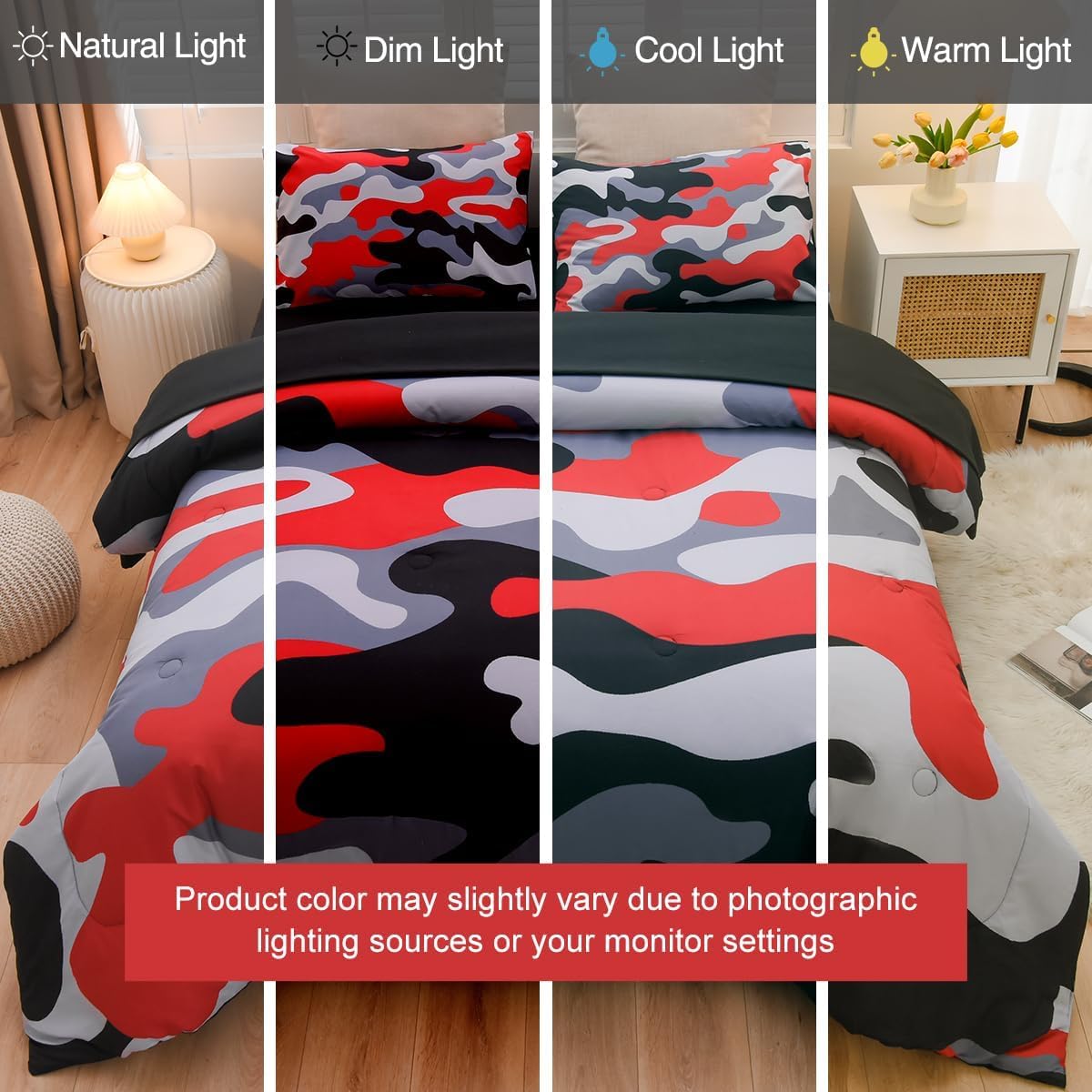 Size Camouflage Bedding Comforter Set with Sheets, Boys Girls Men Camo Bed in A Bag 5 count, Teens Dorm Bed Sets Neutral Farmhouse Lodge Cabin Army Bedspread (Red, )