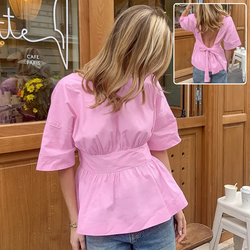 Women's Casual Cotton Fabric Blouse - Summer Backless Short-Sleeve Top with Back-Tied Design, Bat Sleeves, Comfortable Fit, Blouses, Women's Clothes