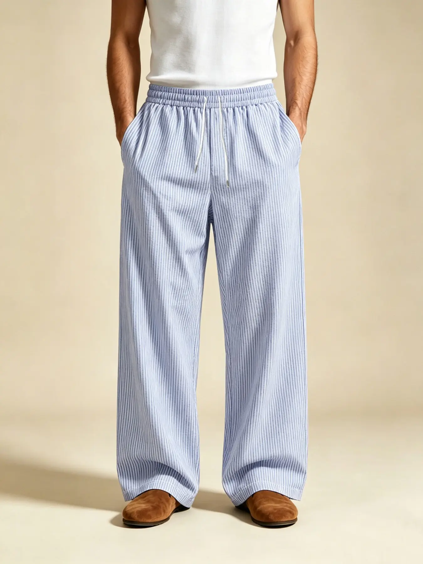 Men's Blue Striped Drawstring Loose Wide Leg Casual Pants, Streetwear Sportswear, Daily Commute, Vacation, Back-To-School, Gift for Boyfriend, Casual Trousers
