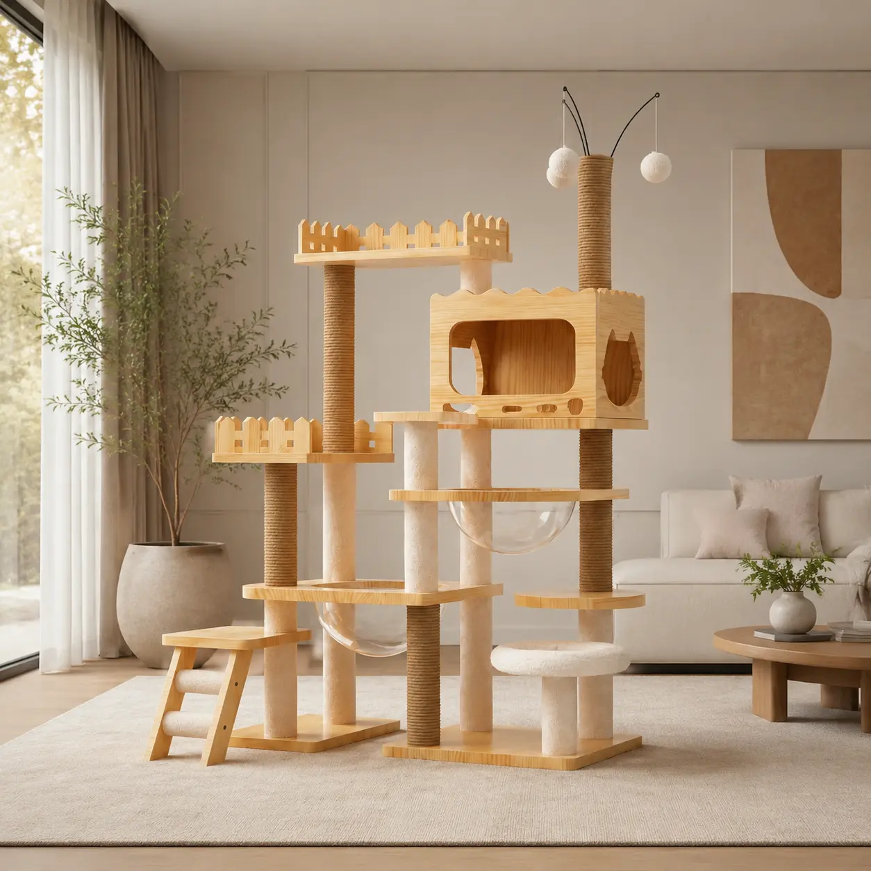 Littleox 66.9" Modern Cat Tower, Wood Cat Tree Tower for Indoor Cats, Cat Treewith Sisal-Covered Scratching Posts and Top Perch, Cat Condo with Acrylic Hammock for Multi-Cat Households