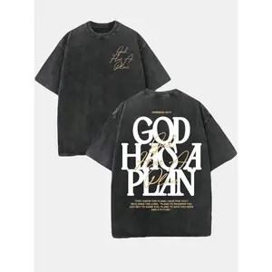 Retro Washed Double Sided Printed T-Shirt, 'GOD HAS A PLAN' Letter Graphic Tee, 230g Pure Cotton, Slightly Cropped, Crewneck, Distressed Streetwear, Men's Casual Comfortable Fashion Tops Smooth Fabric Seamless Soft Tshirt graphic tee t shirt