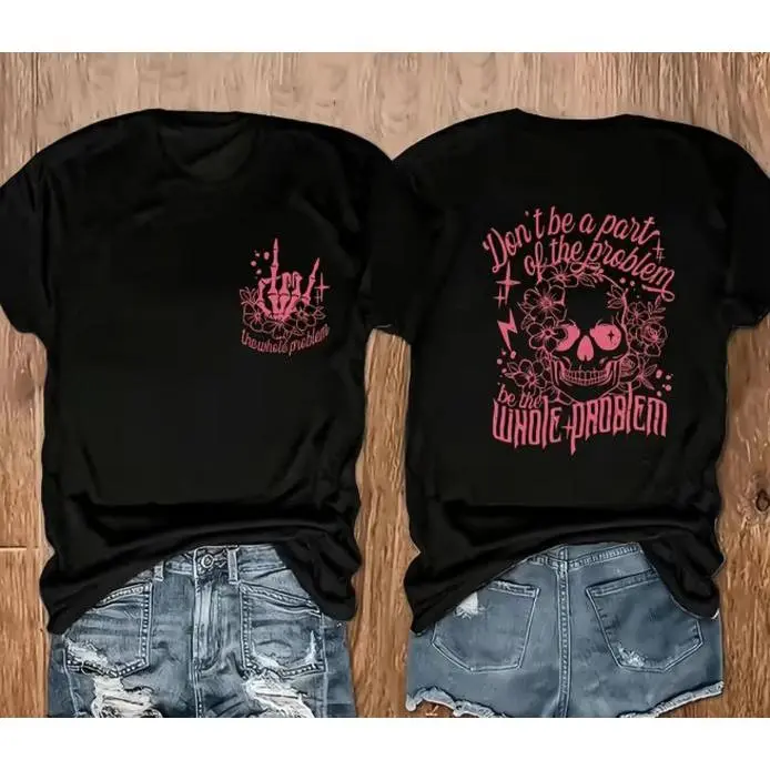 Pink Floral Skull Rock Hand Dual Side Edgy Statement Graphic Short Sleeve T-Shirt, Womens Gothic Streetwear Casual Tops, 100% Pure Cotton Printed Craft Summervibes Tee, Soft Breathable Relaxed Fit everyday outfits