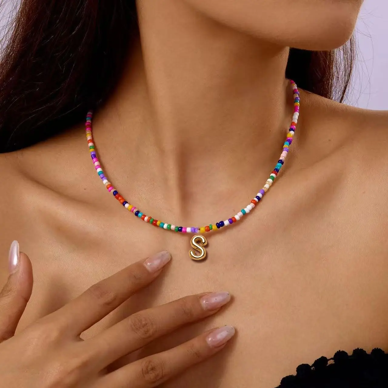Colorful Beads Mix Choker Necklace for Women, Gold-Plated Bohemian Initial Jewelry with Natural Pearl, A-Z Monogram for Beach Party Theme, Beads Mix Necklaces, Formal, C, V, Choker Necklaces