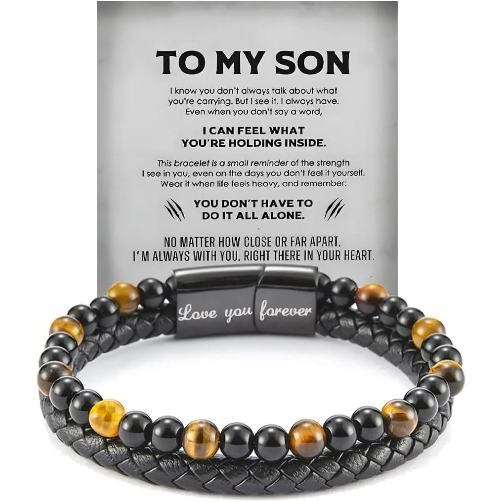 The Guardian Tiger Eye Protection Bracelet for Son from Mom - Black Braided Leather & Steel Bracelet, Engraved "Love You Forever" Message, Braided Look, Male Wear, Graduation & Birthday Gift
