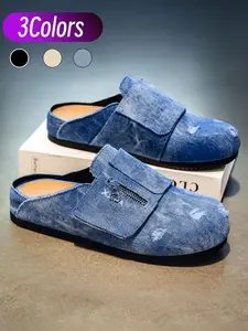 3-color men's denim half slides in sizes 39-45. Vintage frayed and embroidered design, metal zipper accent, durable thick sole for daily wear Footwear.