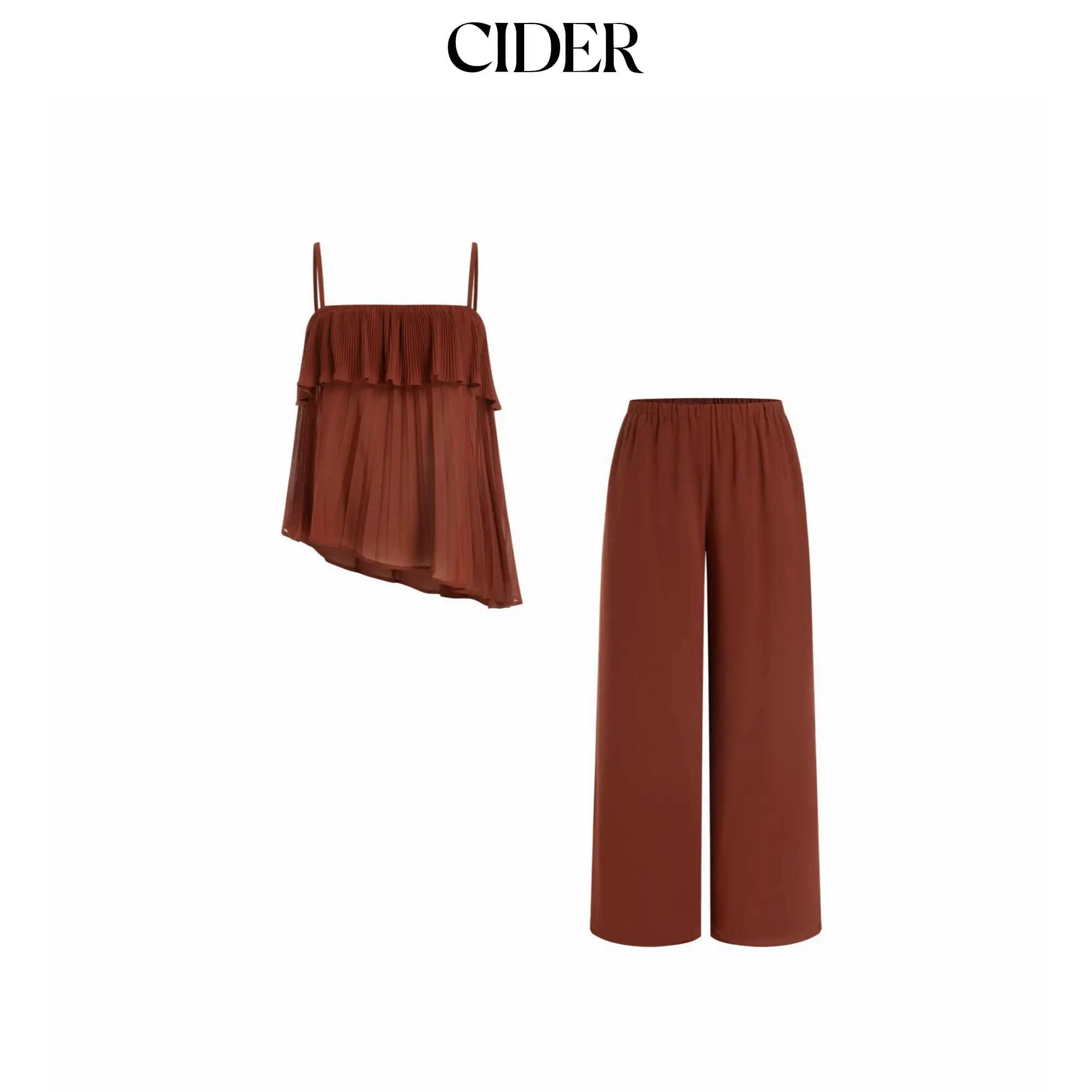 Cider Stand Collar Pleated Oversized Top & Mid Rise Straight Leg Trousers Set