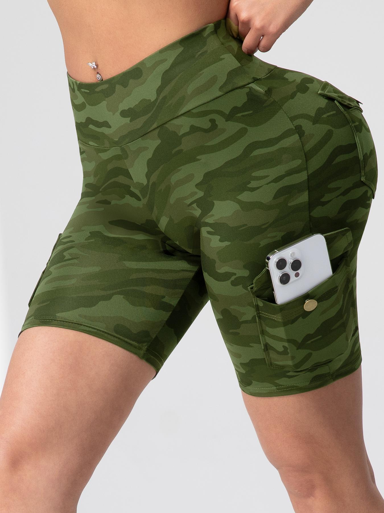 Women's Camo Print Flap Pocket Cargo Shorts, Casual Tight-fitting Shorts for Gym Workout, Ladies Sportswear for Summer, Womenswear