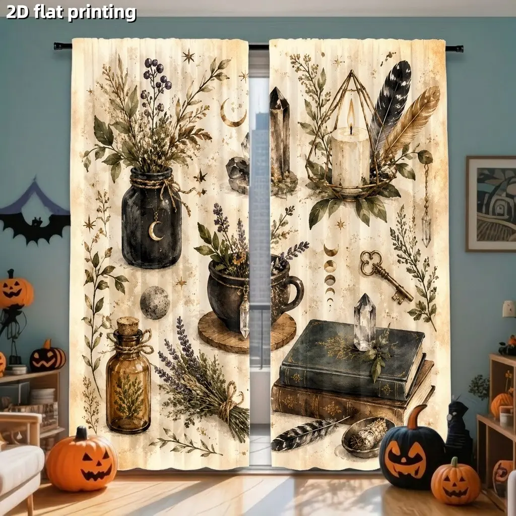 2Pcs Mystical Bohemian Witchy Curtains with Vintage Botanical Elements Crystals Moon Phases and Candles, Digital Printing, Ideal for Living Rooms Bedrooms Study Halloween Themed Decor